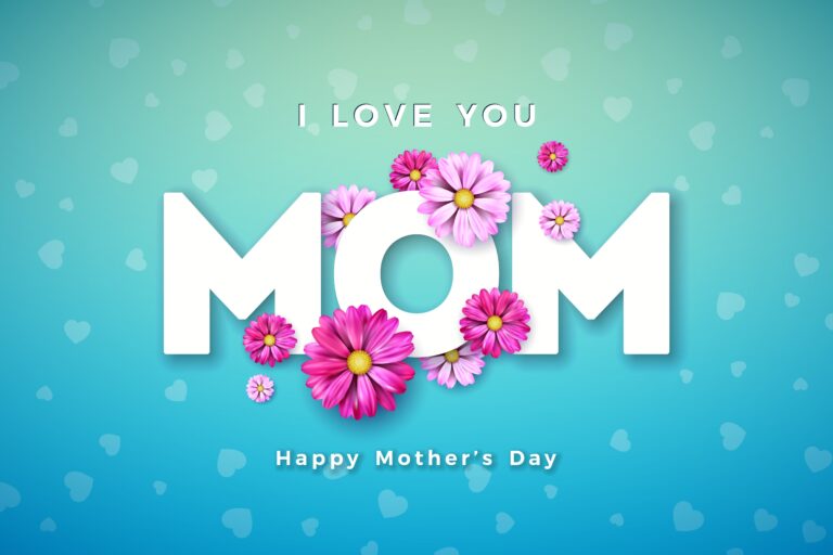 Happy Mother's Day Greeting Card Design with Flower and Typography Letter on Blue Background. Vector Celebration Illustration Template for Banner, Flyer, Invitation, Brochure, Poster